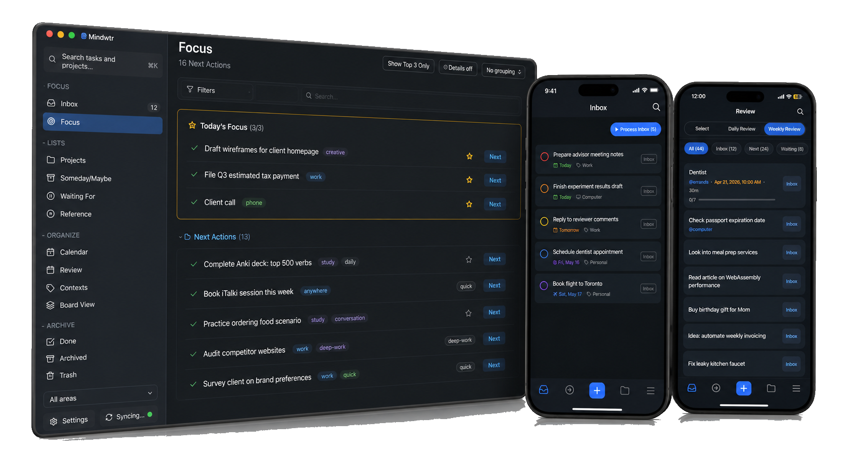 Mindwtr shown on desktop and mobile with focus and review views