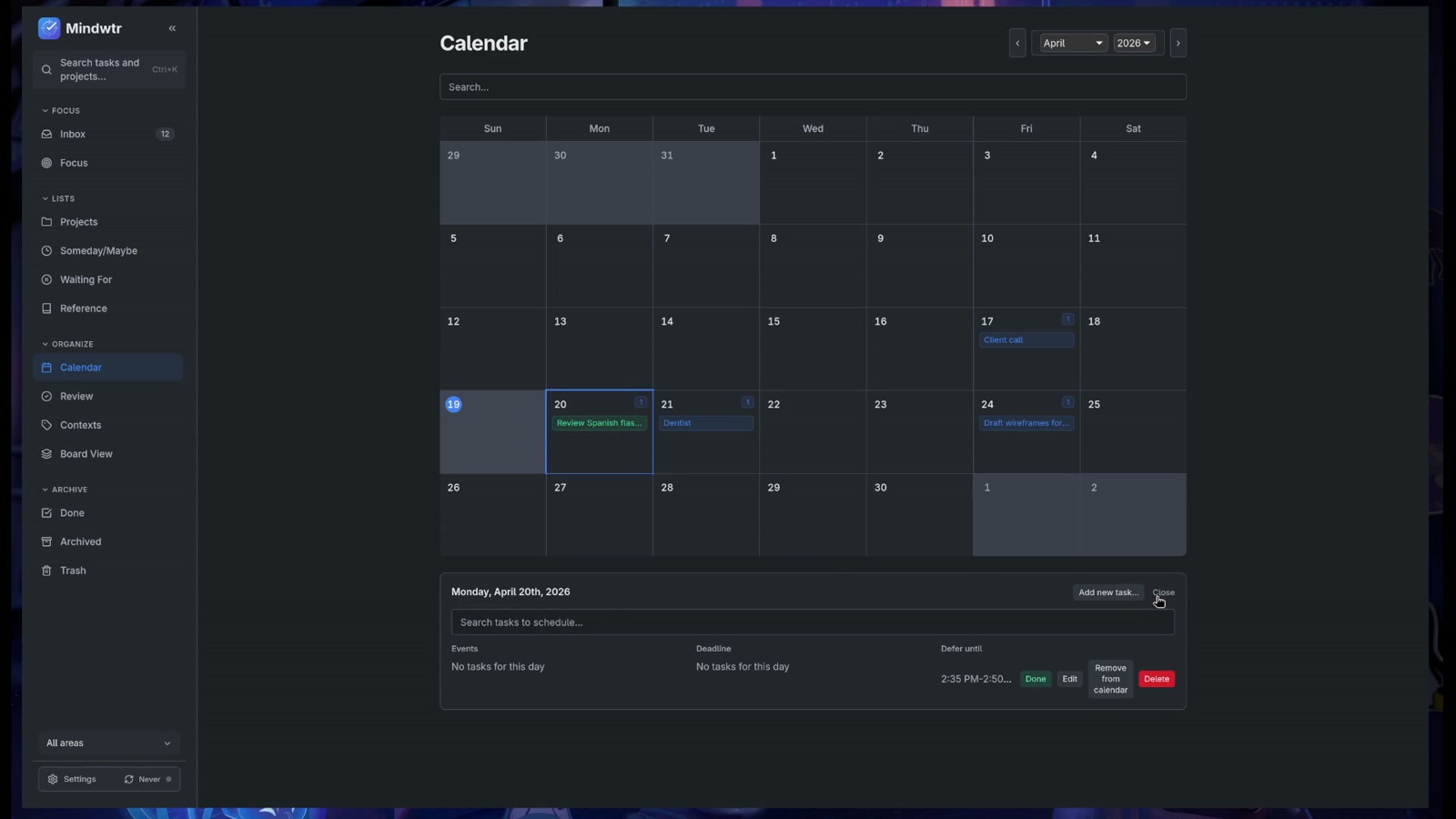 Mindwtr Calendar view on desktop