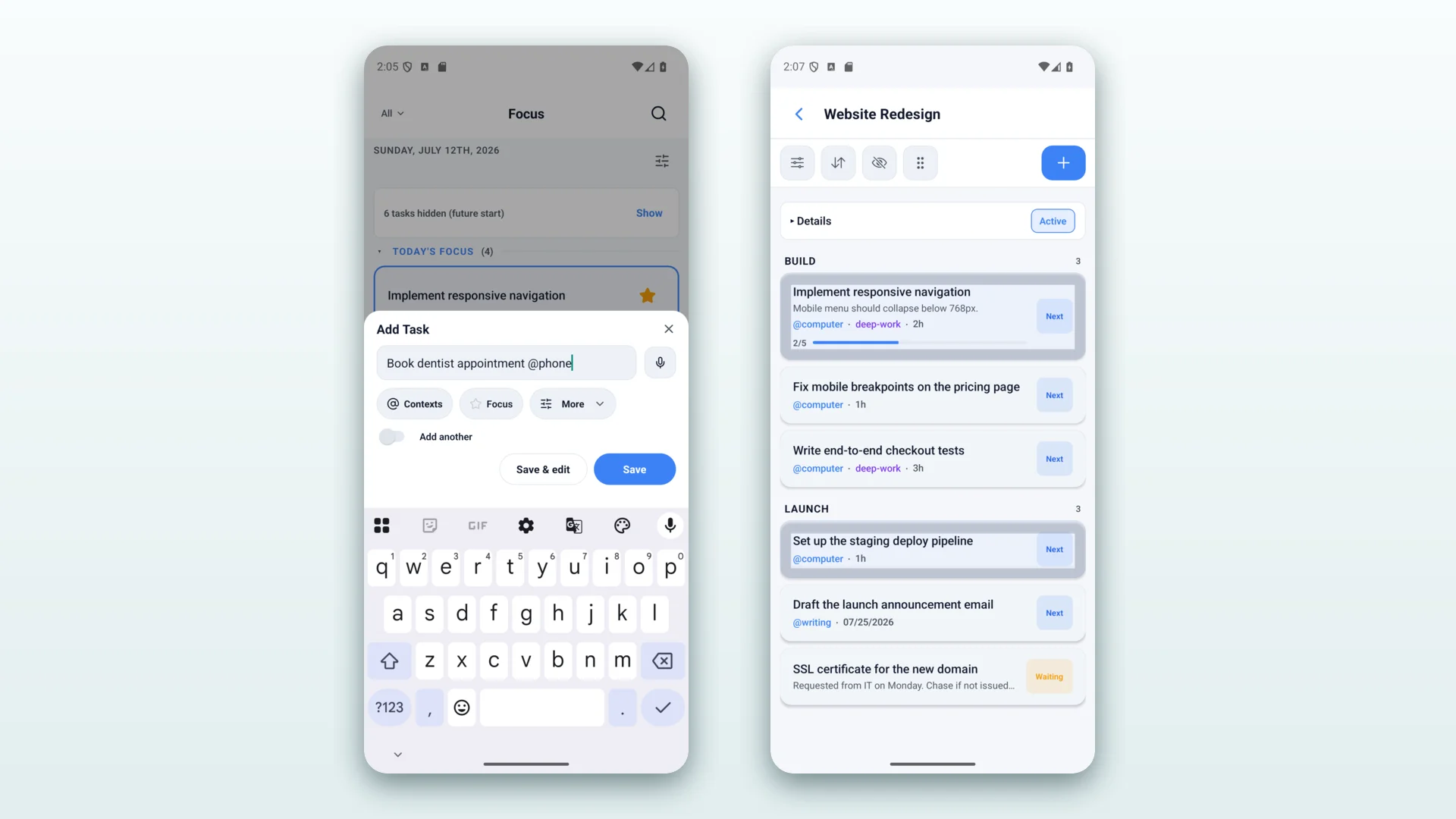 Mindwtr on Android: quick task capture and a project with sections