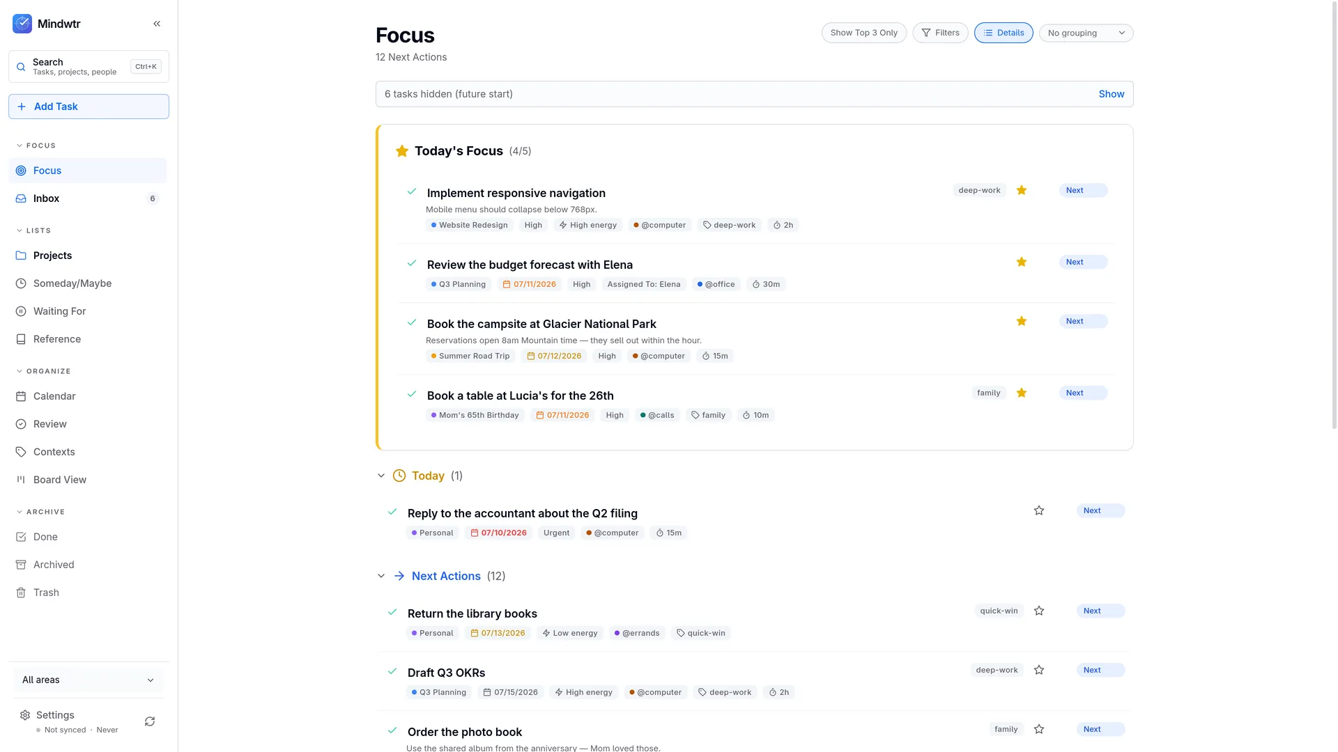 The Focus view with Today's Focus starred and the next actions below